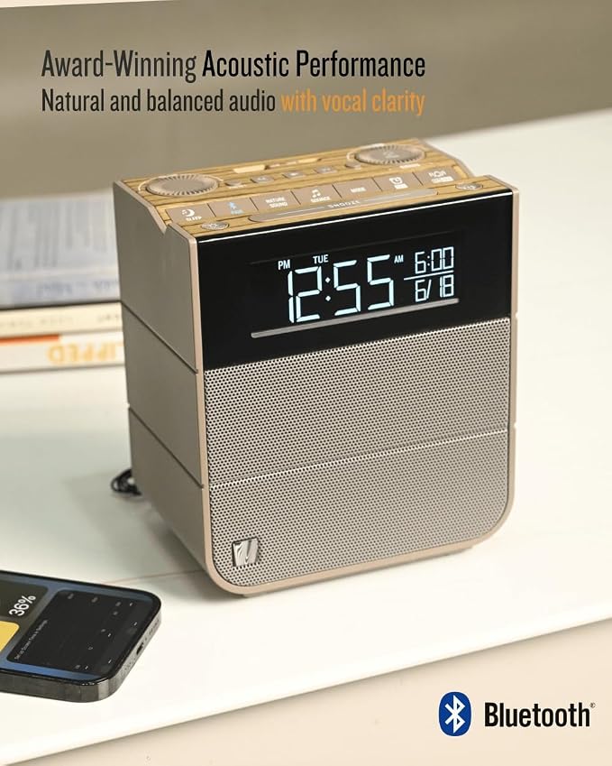 Soundfreaq Sound Rise II, SFQ-16: Bedside Alarm Clock Radio & Bluetooth Speaker, with Large Display Screen, FM Radio, Fast USB Charging, and Nature Sound (Wood Taupe)