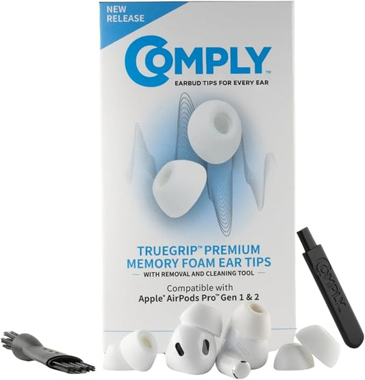 Comply TrueGrip | Premium Memory Foam Replacement Earbud Tips for Apple AirPods Pro 1 & 2 | Enhanced Comfort, Secure Fit, Superior Noise Isolation, Removal & Cleaning Tool | White, Large (3 Pairs)