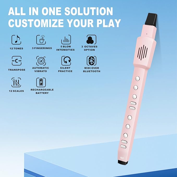 EX Electric Digital Wind Instrument, Electric Saxophone, with 12 Tones, 3 Fingering Modes, 3-Octave Range, Auto Vibrato & Transpose, Bluetooth MIDI & Rechargeable, Pink