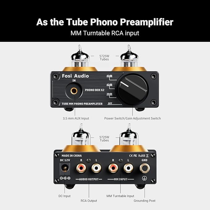 Fosi Audio Box X2 Phono Preamp, Mini Stereo Audio Hi-Fi Preamplifier with Gain Gear, Pre-Amplifier for MM Turntable Phonograph and Record Player, with DC 12V Power Supply