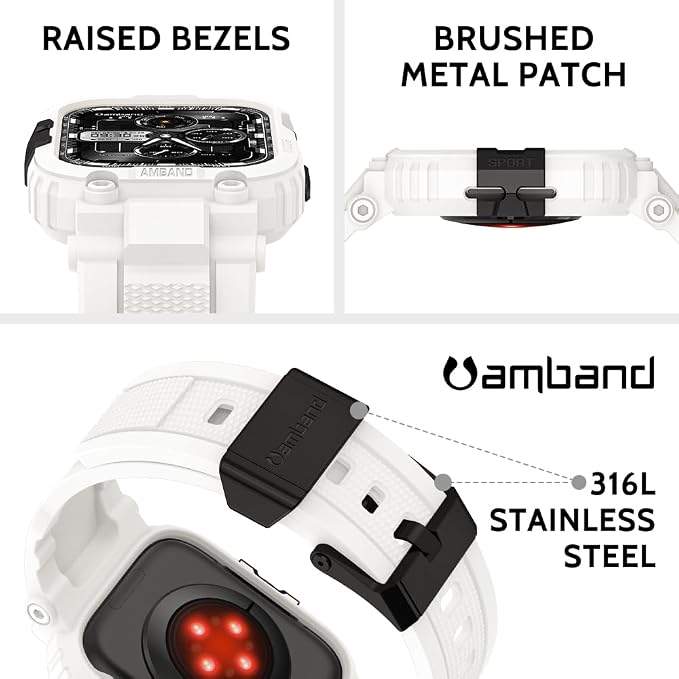 amBand Compatible with Apple Watch Series 11/10 42mm Bands Case for Men Women, M1 Sport Rugged Heavy Duty Protective Cover Tactical Strap Military Protector Bumper for iWatch Accessories - White