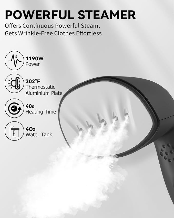 Clothes Steamer Dual Voltage Travel Steamer 110V-220V for Global Use, Travel Essentials Steamer for Clothes Handheld Steam Iron, 1190W Quick Wrinkle Removal, Leakproof, Black