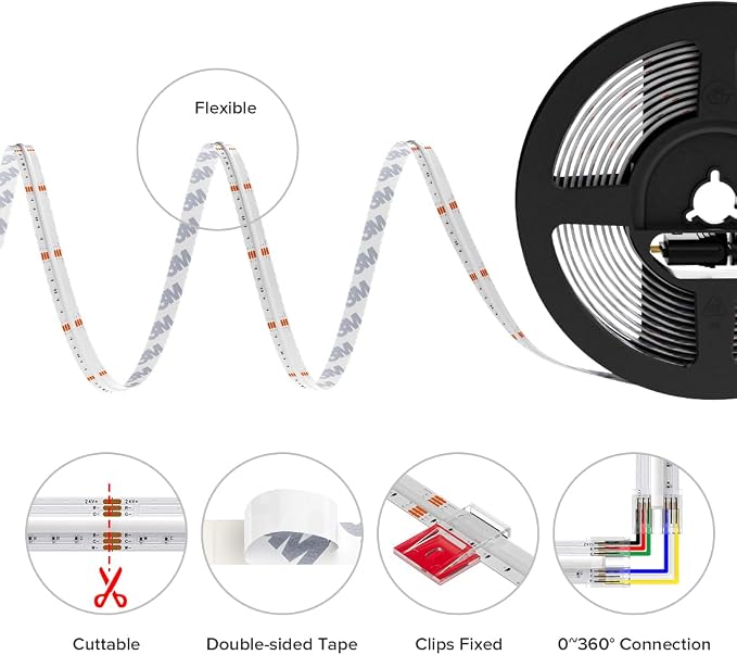 BTF-LIGHTING FCOB COB RGBCCT Color Changing LED Strip Kit,UL Listed RGB+Tunable White 3000K-6000K 20FT DC24V Flexible High Density LED Light Bluetooth Music Controller for Bedroom Home Indoor Decor