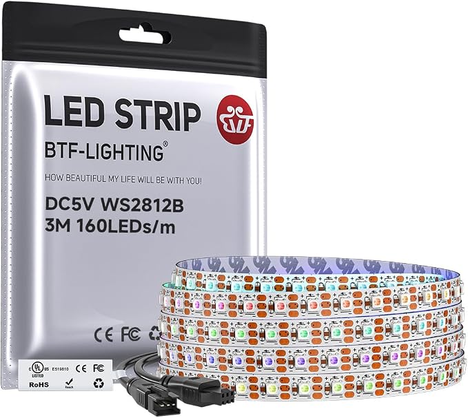 BTF-LIGHTING WS2812B IC RGB 5mm Ultra Narrow LED Strip 2020SMD DC5V Individually Addressable 9.8FT 160Pixels/m 480LED Dream Color Tape Light for Home DIY Decoration IP30 (No Adapter or Controller)