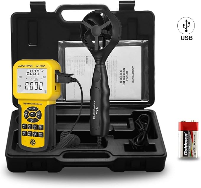 Pro HVAC Anemometer Handheld CFM Meter Wind Speed Meter with USB Data Export to PC Max/Avg/Min Functions for Measuring Wind Speed Air Velocity, Wind Temp AP-856A