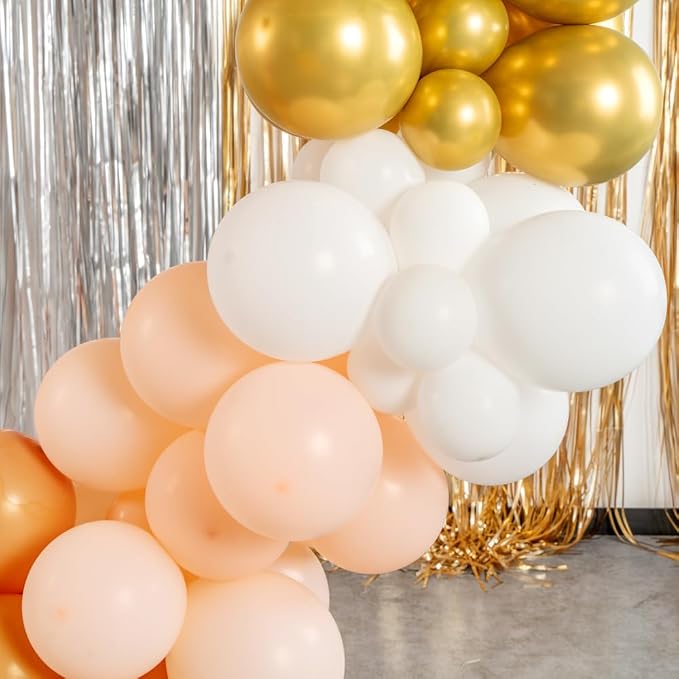 Restaurantware-Balloonify Balloon Garland Set, 1 Party Decoration Kit - 143 Balloons, With Chain, Brown, White, & Gold Latex Balloon Arch Kit, Includes Glue Dots