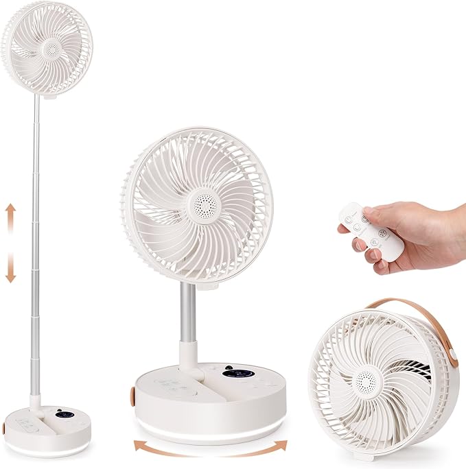 10800mAh Oscillating Portable Fan, Foldable Rechargeable Standing Fan with Remote, 4 Speeds, 2-8H Timer, Aroma Diffuser, 3-Level Night Light, Quiet Cooling for Camping Travel Office Bedroom