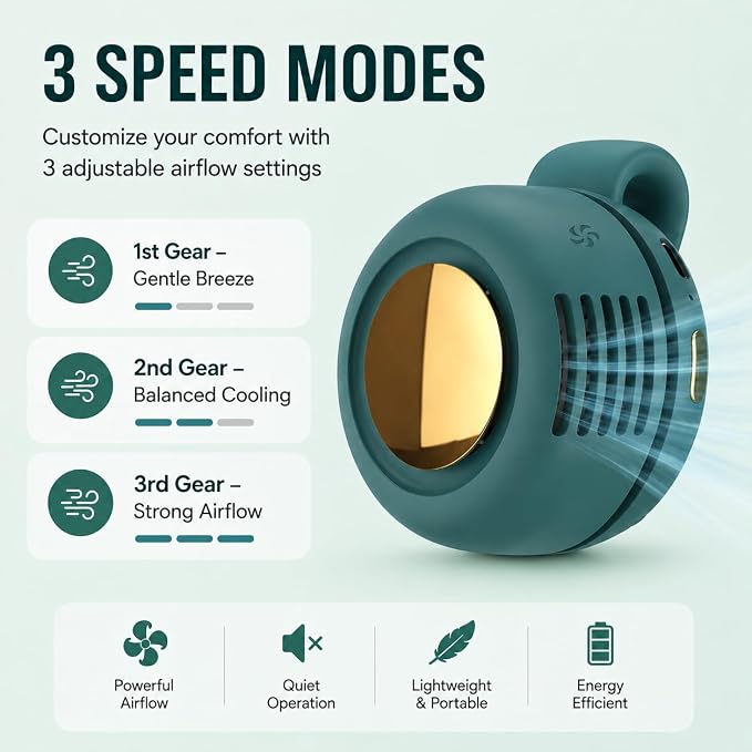 Portable Silent Mini Bladeless Fan Clip On, Small Fan Clip on for Shirt & Waist, Adjustable 3-Speed Suspended Whirlwind Fans, For Outdoor & Travel & Office, Travel Accessories (2, green)