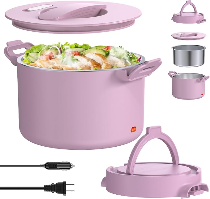 Electric Lunch Box Food Warmer, 34-Ounce Leakproof Portable Heated Lunch Container for Car, Truck, Office,Camping, 100W 12V/24V/110V/220V Bento Box Heater Gift For Women Men (Light Pink)