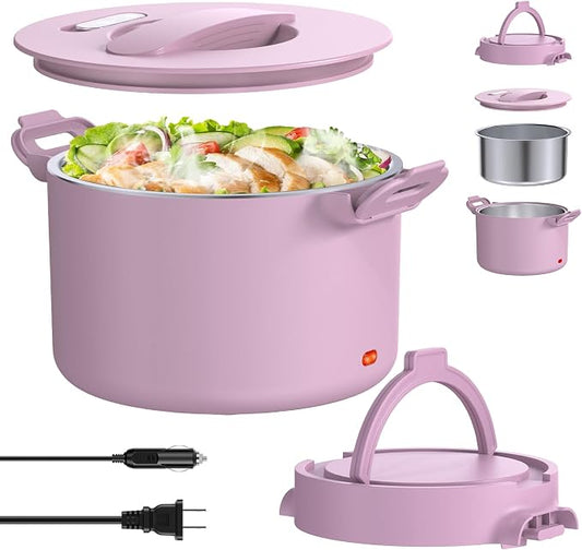 Electric Lunch Box Food Warmer, 34-Ounce Leakproof Portable Heated Lunch Container for Car, Truck, Office,Camping, 100W 12V/24V/110V/220V Bento Box Heater Gift For Women Men (Light Pink)