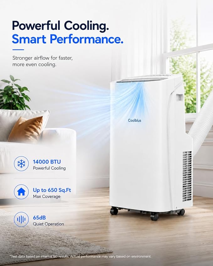 Coolblus Portable Air Conditioners 14000 BTU, 4 in 1 Portable AC Unit with Cool/Dehumidify/Fan,Wi-Fi Smart Quiet AC Cool Up to 650 Sq.Ft, Remote Control, Auto Swing, White-14000BTU-WIFI