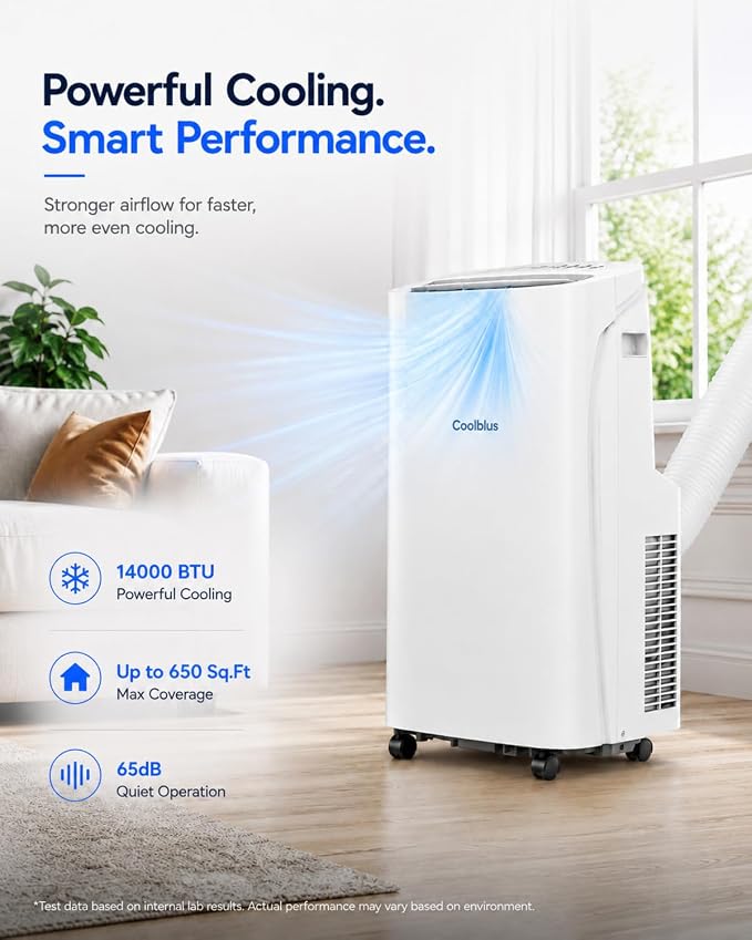 Coolblus Portable Air Conditioners 14000 BTU, Wi-Fi Smart Portable AC Unit for Room Up to 650 Sq.Ft, 3 in 1 Quiet AC with Cool/Dehumidify/Fan, Remote Control, Auto Swing, White-14000BTU-WIFI