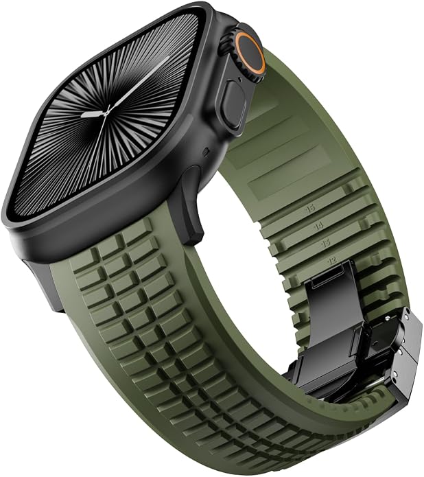 Silicone Watch Band Compatible with iWatch Ultra 2 / Ultra/Series 10 9 8 7 (44mm 45mm 46mm 49mm), Sport bands with Folding buckle, Rugged Heavy Duty Modern Design for Men