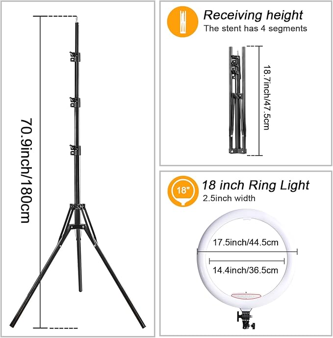 18 Inch Ring Light with Tripod Stand, Dimmable 58W 5500K LED Circle Light for TikTok/Live Stream/Makeup/YouTube with Carrying Bag,Compatible Camera and Phone