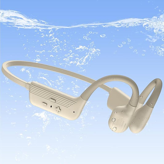 Swimming Headphones Soft Silicone, IP68 Waterproof Bone Conduction Headphones, 32GB MP3 Player & Bluetooth 5.4 Wireless Sport Earbuds, Secure Open Ear for Swimming, Running, Sports（Beige）