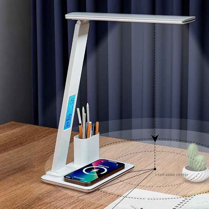 IHAO 7in1 Smart Desk Lamp with Wireless Charger & Digital Clock | 15W Fast Charging for Phone & Earbuds, Time/Date/Temp Display, Alarm, 3 Light Modes, USB Port, Detachable Pen Brush Pot-HYT1771 Black