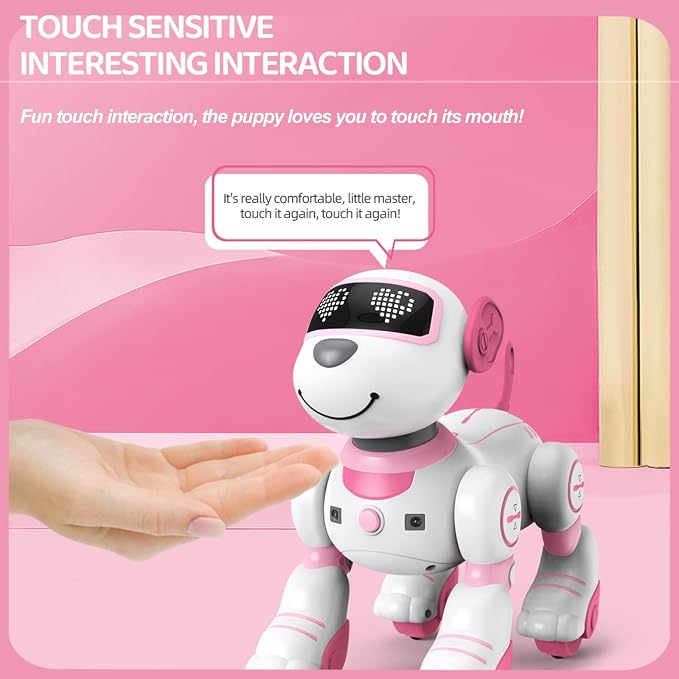 Robot Puppy Dog, Robot Puppy with Dance, Music, Light Effects, Interactive Programmable Intelligent Remote Control Dog AI Toys for Teens Adults Chrismas Birthday (Pink)