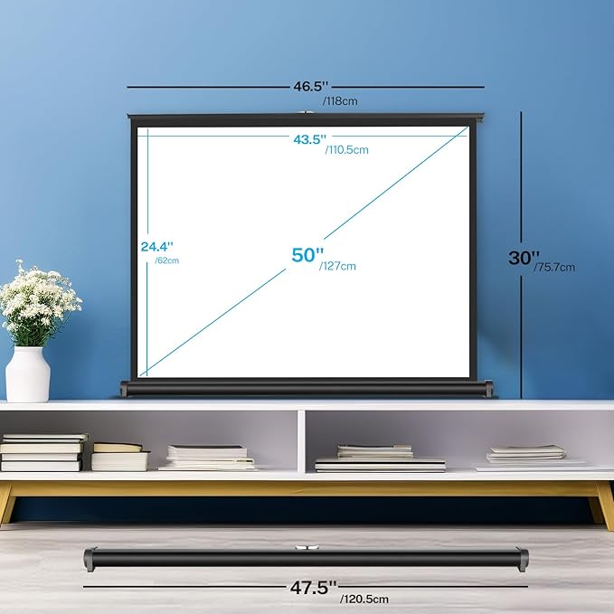 50 inch Small Projector Screen, Goldengrainv Retractable Pull Up Screen, Floor Projector Screen, 16:9 4K Portable Screen for Projector, Roll Down Movie Screen for Gaming Indoor, Mini White Screen