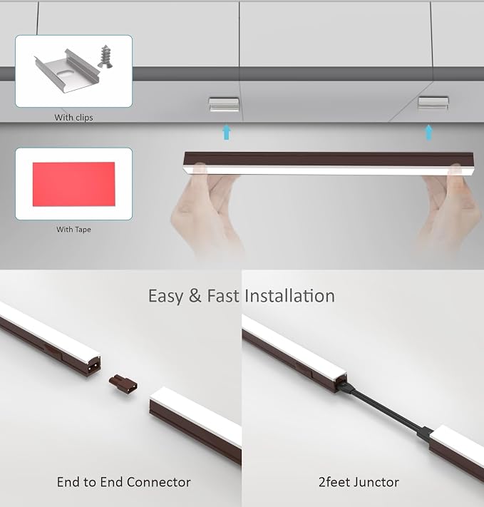 Leetdud Under Cabinet Lighting Plug in, 24 Inch 1 Pc, Linkable AC120V 3CCT 3000K/4000K/5000K Ultra Slim, LED Under Cabinet Lights for Counter Light, Kitchen, Shelf, Sink, Workshop, Desk, Bronze