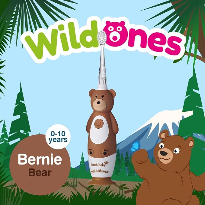 BrushBaby - WildOnes - Kids Rechargeable Electric Toothbrush, Ages 0-10 - Bear Design with Flashing Lights - DeepClean Bristles for Superior Cleaning - 2 Replacement Brush Heads, 1 USB Cable