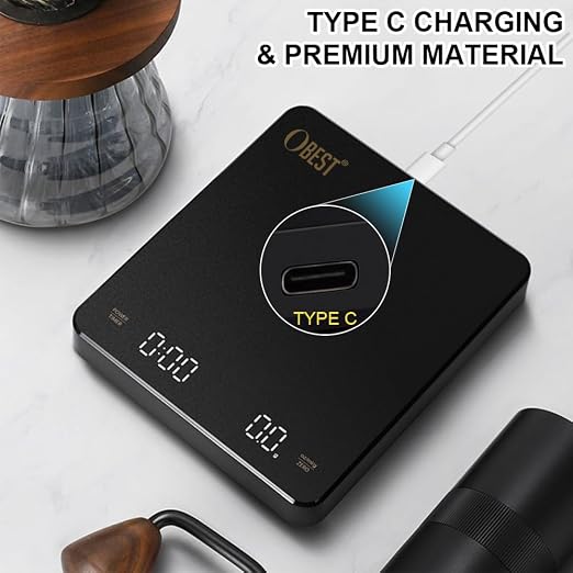 OBEST Mini Coffee Scale with Timer, Rechargeable Espresso Scale with Type-C, Travel Small Coffee Bean Scale with LED Display, Portable Digital Kitchen Scale, Pour Over Scale 3kg/0.1g Precision Black