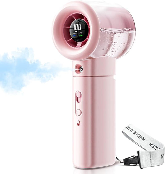 Portable Misting Fan Handheld Powerful Turbo Fan, 100 Speeds, 6000mAh Rechargeable Battery, LED Display, Spray Mist Personal Mini Fan for Travel, Beach, Outdoor Camping (LightPink)