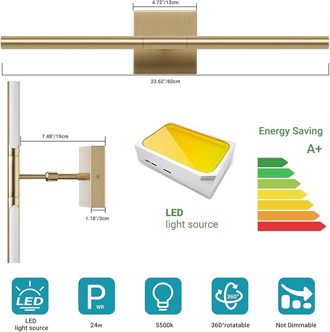 Tipace Modern Bathroom Light Fixtures,Hardwired Wall Sconces,360°Rotate,LED Brushed Brass Vanity Light Bar,5500K White Light Wall Wall Light Fixtures for Bathroom,Living Room,23.6 Inch