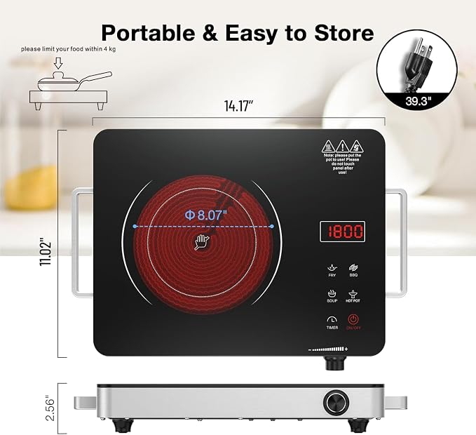 Portable Electric Cooktop 110V, 1800W Electric Stove Infrared Hot Plate with Knob Control, Nafewin Single Burner Countertop Burner with Handle, 4-Hours Timing Setting, Compatible for All Cookwares