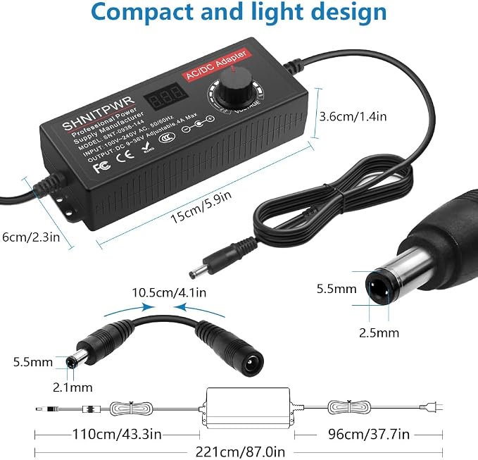 SHNITPWR 144W Universal Power Supply Adjustable DC 36V 30V 24V 20V 19V 14V 12V 9V AC/DC Adapter 100V~240V AC to DC Variable Power Converter 9V ~ 36V 4A 144W Power Adapter with 14 Tips 5.5x2.5mm