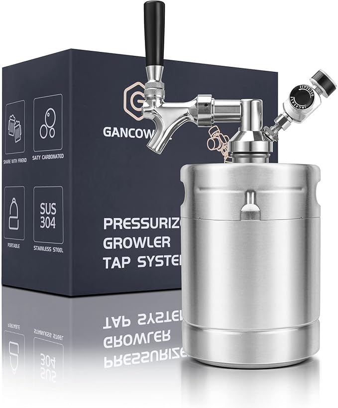 GANCOWISE 64OZ Mini Keg Growler, Pressurized Home Dispenser System with Self-Closing Design Faucet Keeps Carbonation and Fresh for Homebrew, Craft and Draft Beer