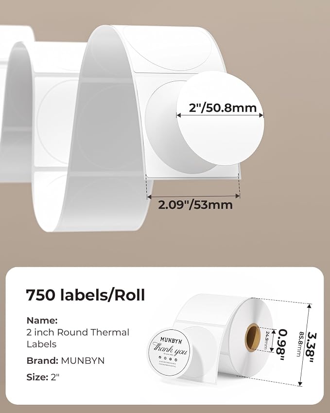 MUNBYN 130B Bluetooth Thermal Label Printer+2 Inch Circle Thermal Sticker Labels+Shipping Label Holder