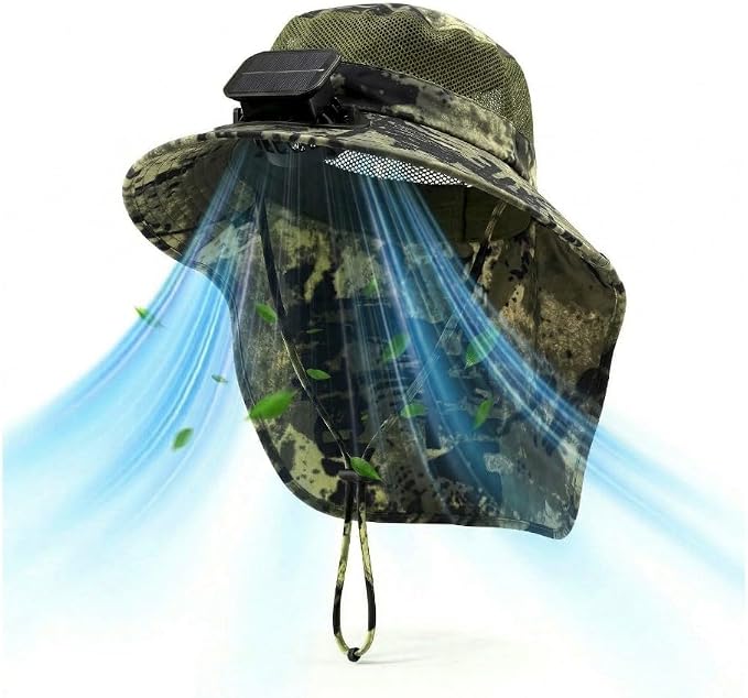 Solar Power Fan Hat for Men Women Outdoor Must Have Fishing Essentials Useful Gifts Dad Hats with UV Protection Beach Gear Travel Necessities Cooling Wearable Fans Phantom Green Camo