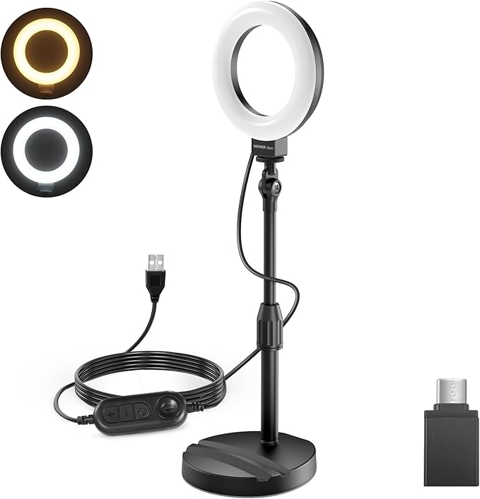 NEEWER Basics 5"/13cm Desk Ring Light with Stand, Phone Holder Base, 10W LED Selfie Light Compatible with iPhone for Video Recording Laptop Webcam Zoom Video Conference Lighting Makeup, Black BR60