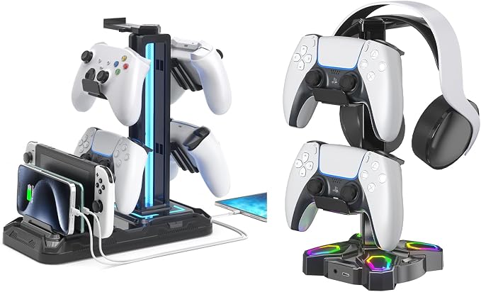 KDD Headset Controller Stand with USB A&C Charger Ports & RGB Rotatable Headphone Stand with 2 USB Charging Ports and 3.5mm