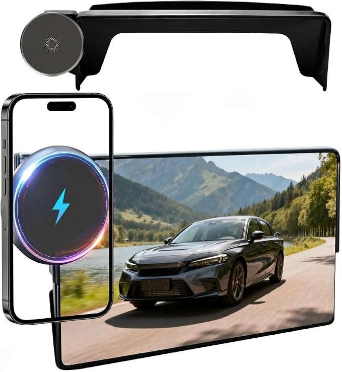 Phone Mount for Honda Civic (11th Gen,2022-2026) & Acura Integra (ONLY Fits 7"/9" Screen), 15W Wireless Car Charger, Magnetic Phone Holder, 360° Rotating, Hands Free, with Storage Box, Car Gifts