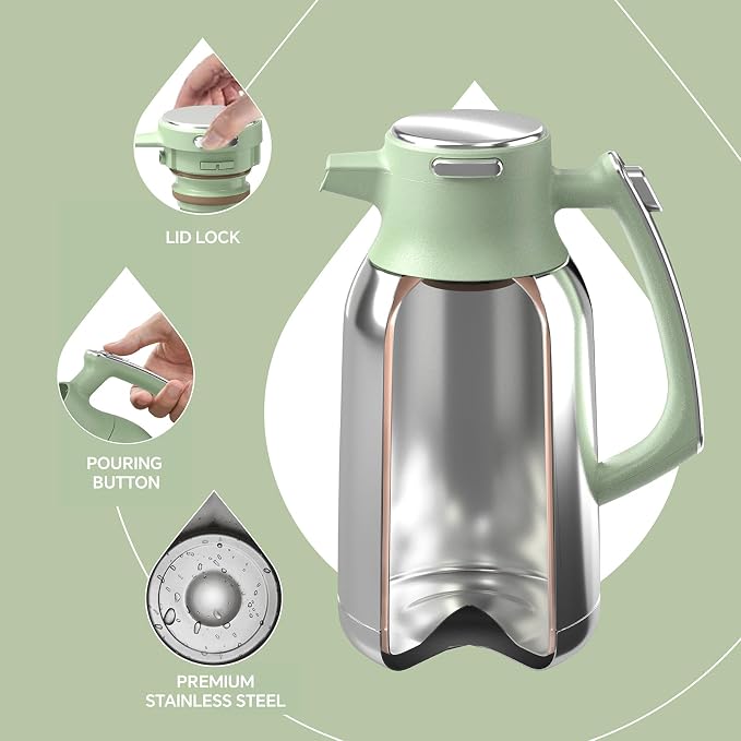 IDEUS Thermal Coffee Carafe, Stainless Steel Double Wall Insulated Vacuum Flask, Water Jug Coffee Server and Beverage Dispenser, Heat and Cold Retention (Avocado, 68, Fluid Ounces)