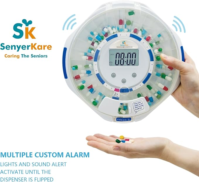 Senyerkare Automatic Pill Dispenser with Lock & Alert for Seniors | Sound/Light Alarms for Elderly, Dementia & Caregivers - Up to 6 Alarms/Day, Medication Organizer for Vitamins/Supplements