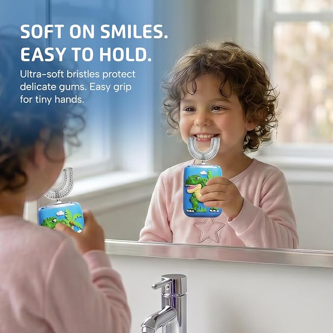 Well Before Kids U Shaped Electric Toothbrush with 5 Brush Heads, Ultrasonic, 5 Modes, IPX7 Waterproof Design (Dinosaur, Green, Ages 2-7)