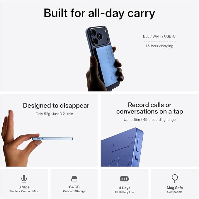 Pocket AI Voice Recorder & Smart Assistant – Auto Transcription, Summaries & Action Items – AI Note Taker for Meetings, Calls & Productivity - Sierra Blue