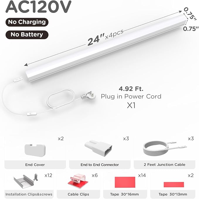 Under Cabinet Lighting Plug in, Dimmable 3CCT 3000/4000/5000K AC120V Super Bright Ultra Slim Linkable LED Counter Lights for Kitchen, Shelf, Closet, Cupboard, White 24 inch 4Pack