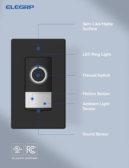ELEGRP Smart Motion Sensor Switch, 2.4GHz Wi-Fi Single Pole Light Switch Works with Alexa & Google Assistant, APP Remote Control, Neutral Wire Required, UL Certified, No Hub Required (Black, 1 Pack)