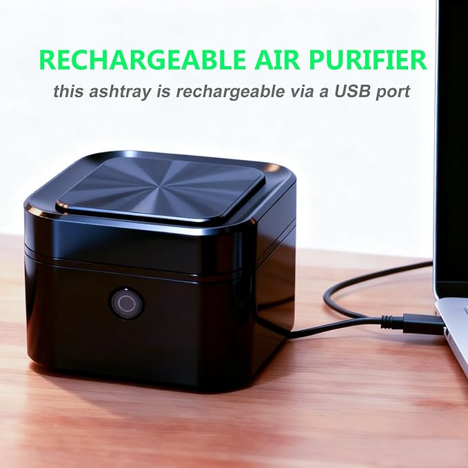 Multifunctional Smokeless Ashtray with HEPA Filter,Rechargeable Air Purifier for Cigarette Smoke,Portable Ashtray for Indoor & Outdoor Use (Black)