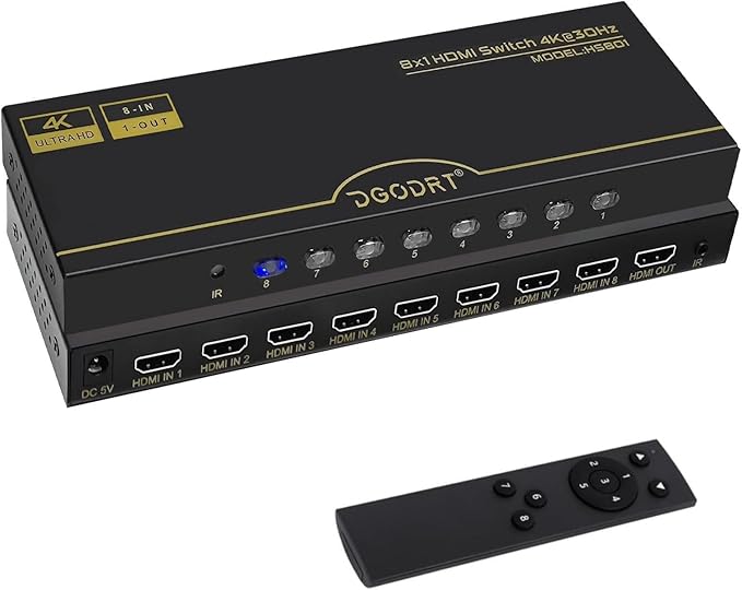 DGODRT 8×1 HDMI Switch 8 in 1 Out, 8 Port 4K HDMI Switcher Selector Box with IR Remote Control, Support 4K@30Hz Ultra HDR HDCP 3D 1080P for Xbox PS4 PC Laptop