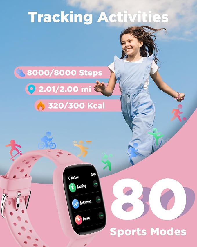 BIGGERFIVE Smart Watch for Kids, 1.8" Fitness Tracker Watch Pedometer, Heart Rate, Sleep Monitor, IP68 Waterproof, Calorie Step Counter, Puzzle Games with/Without APP for Girls Teens 5-16, Pink