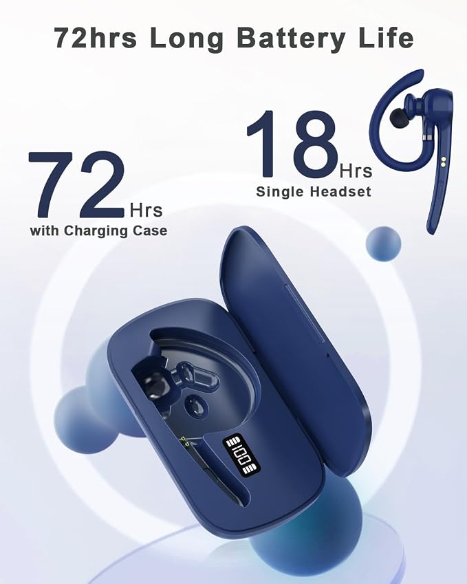 HEIBAS Bluetooth Headset, Wireless Bluetooth Earpiece with 500mAh Charging Case 72 Hours Talking Time Built-in Microphone for iOS Android Cell Phone, Hand-Free Headphones for Trucker, Office-Blue