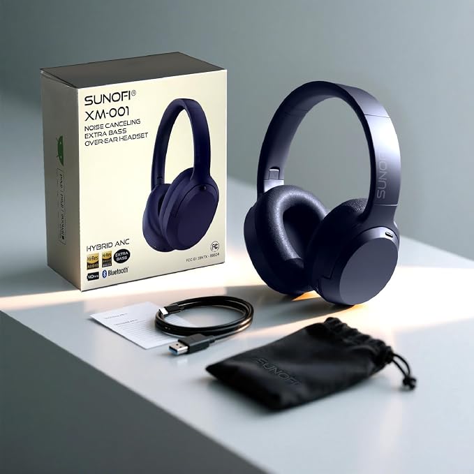 Hybrid Active Noise Cancelling Headphones, Wireless Over Ear Bluetooth Headphones with Mic, 40H Playtime, Hi-Res Audio, Deep Bass, Foldable Comfort Fit Ear Cups for Travel, Office, Home (Blue)