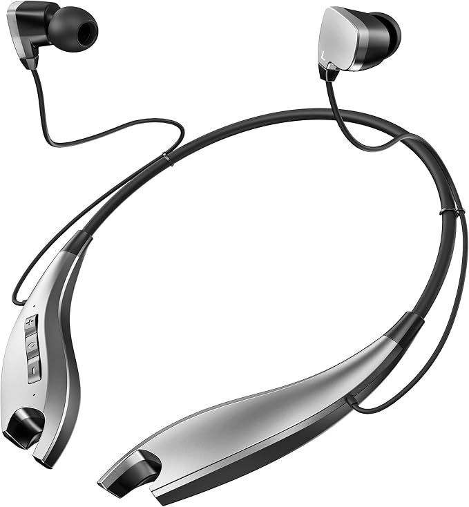 Neckband Bluetooth Headphones, Around The Neck Headphones 24H+ Playtime, Bluetooth Headsets with Call Vibration, Shark Jaw Design Wireless Earbuds+Noise Isolation/Mic/IPX7 Waterproof, Silver