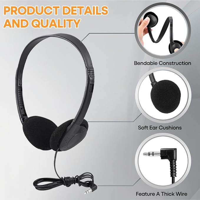 Bulk Headphones 100 Pack for Classroom School Kids, Wholesale Wired Durable Earphones Class Set for Students Children Toddler Teens Boys Girls and Adult (HY857,100 Black)