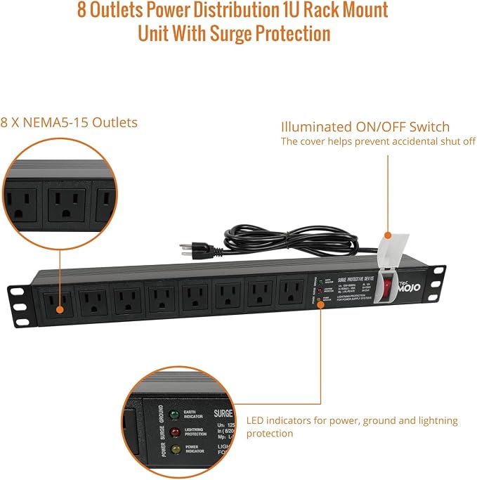 Tecmojo 1U Rack-Mount Horizontal 8-Outlet PDU, UL Listed PDU with Surge Protection LED Indicators 6ft Cord Power Distribution for IT and Network Server Racks