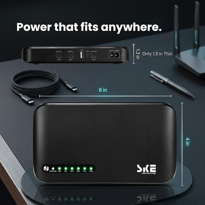 SKE DC20000 Plus Altair - Mini DC UPS 20000mAh Battery Backup & Surge Protector for Router & Modem - Compact, Portable Uninterruptible Power Supply with 5V/9V/12V Outputs, USB & Type-C Charging, WiFi